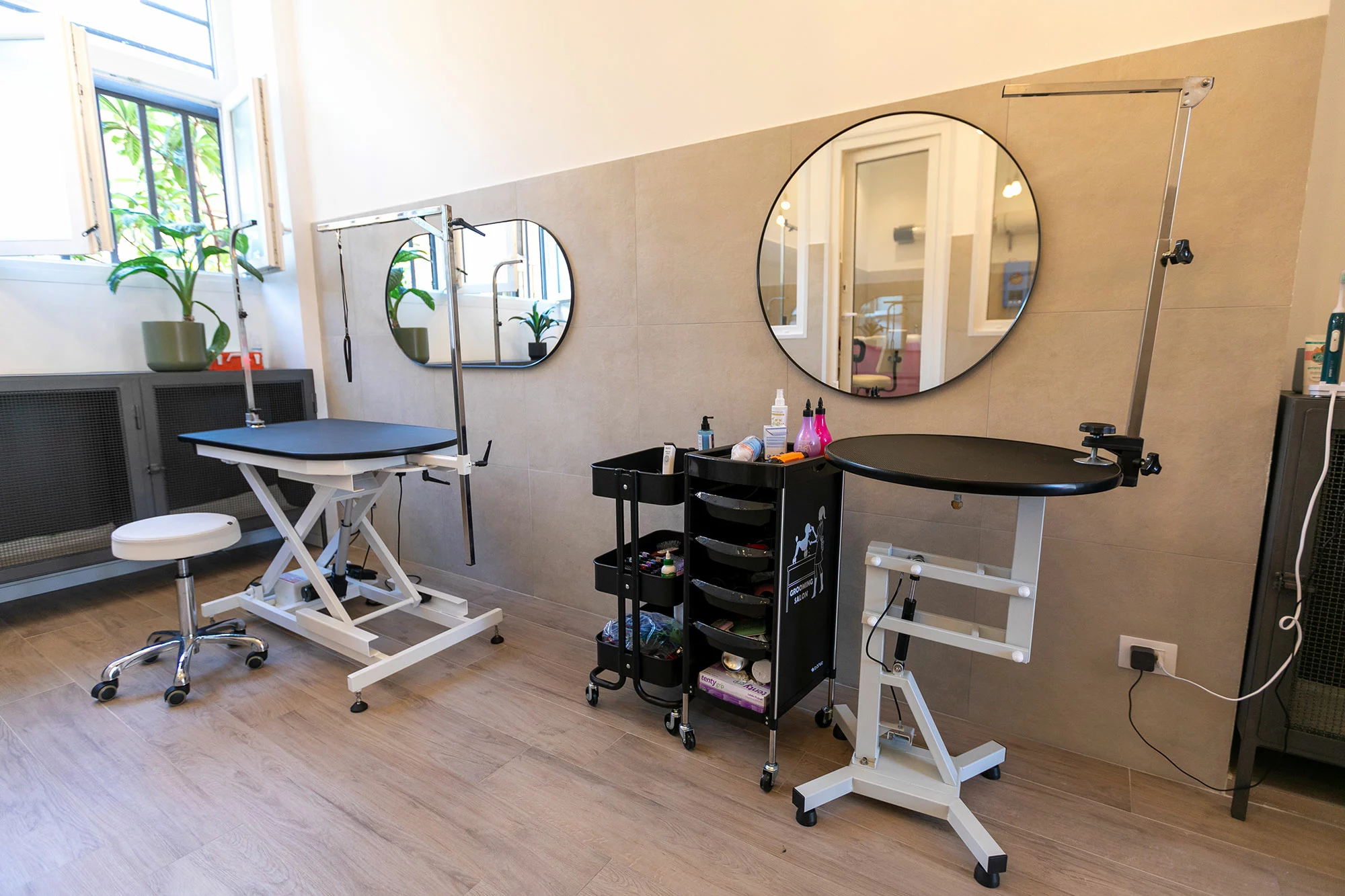 Come scegliere un toelettatore a Milano senza sbagliare Sala di toelettatura pulita e organizzata con tavoli professionali, specchi e carrello porta-attrezzi